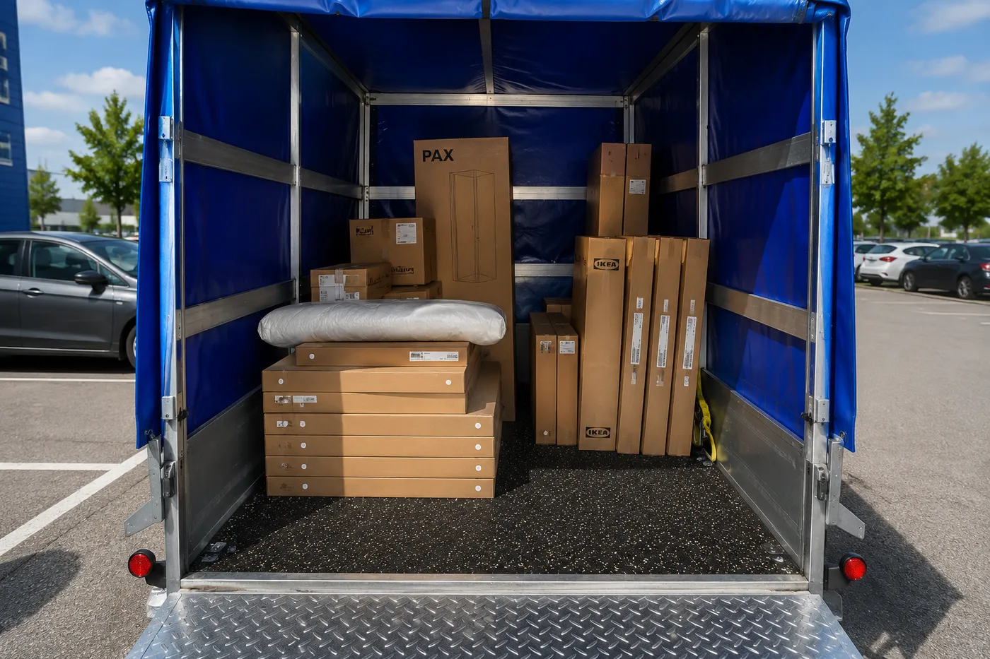 Anhänger von Santos Transport vollbeladen mit IKEA-Paketen auf dem IKEA-Parkplatz in Kassel
