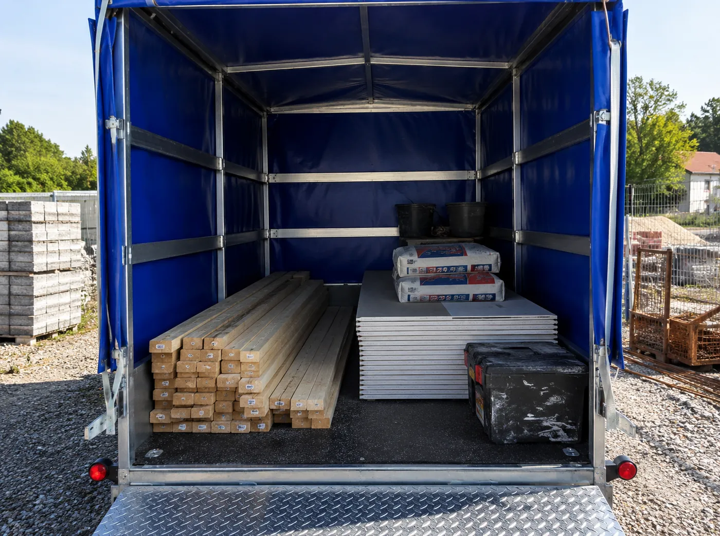 Anhänger von Santos Transport mit Holzlatten, Platten und Baumaterialien beladen